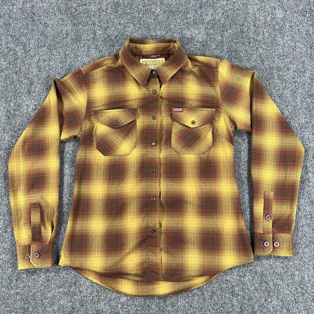 Dixxon Flannel Shirt Womens‎ Medium Yellow Plaid Goldfield Snap Button Up Casual